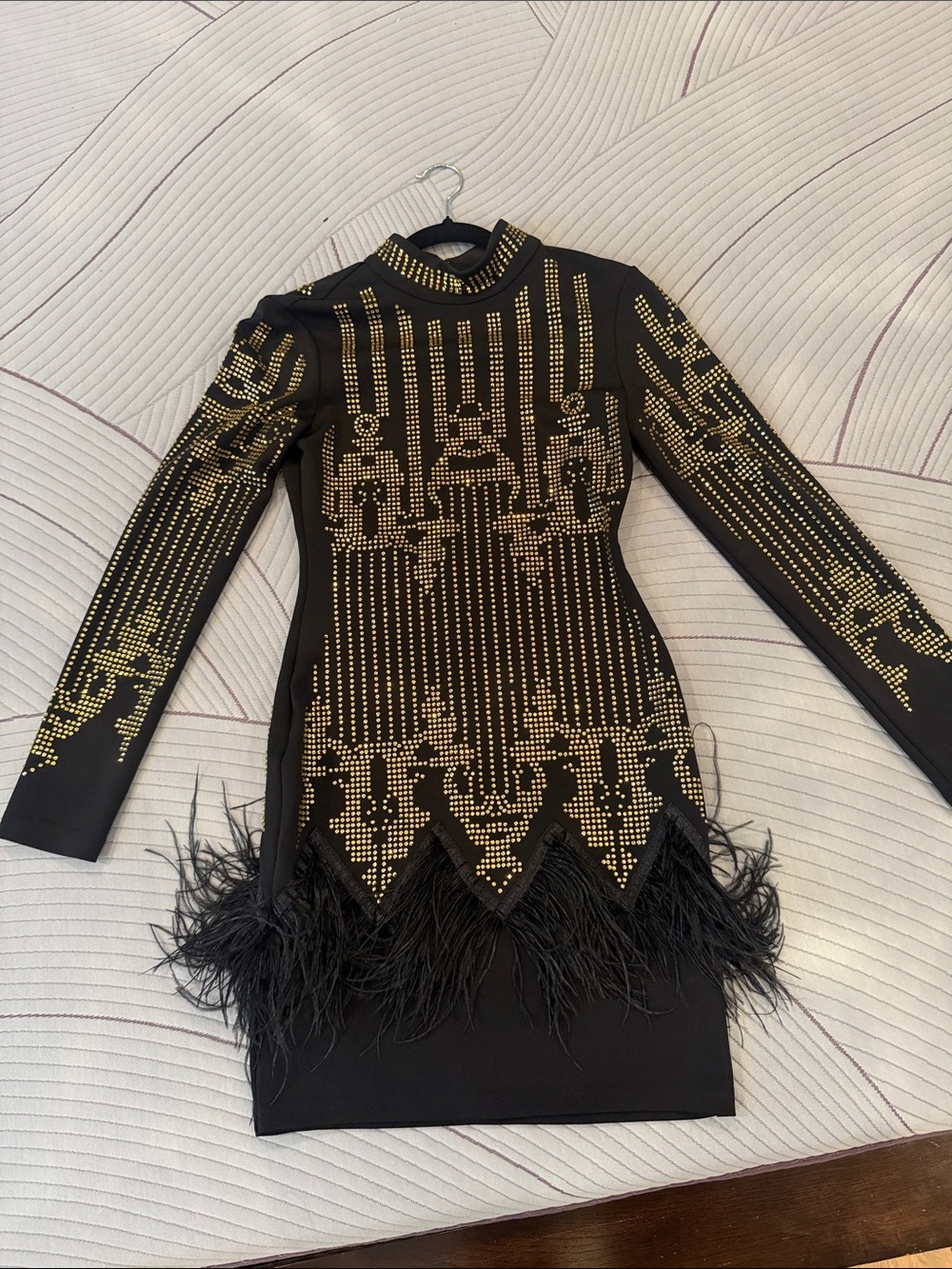 Black Long-Sleeve Bodycon Dress with Gold Stud Embellishment and Feather Hem
